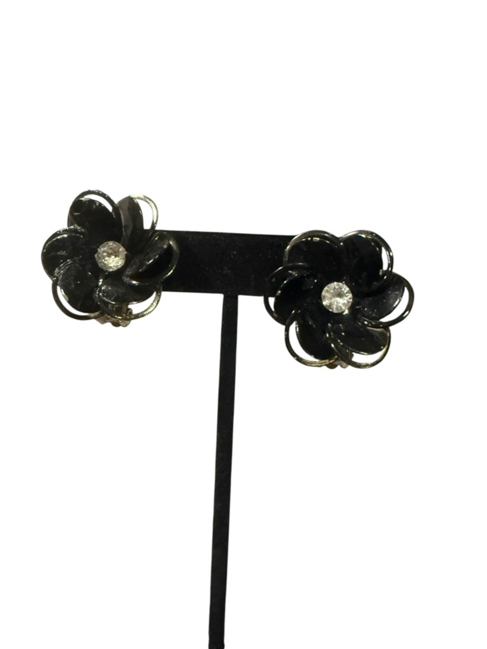 🔻Vintage Kramer of New York Black Lucite Flower Clip-On Earrings Rhinestone